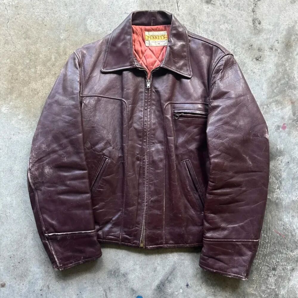 Vintage 50s Penney's Horsehide Cognac Brown Quilt Lined Leather Jacket Size 38